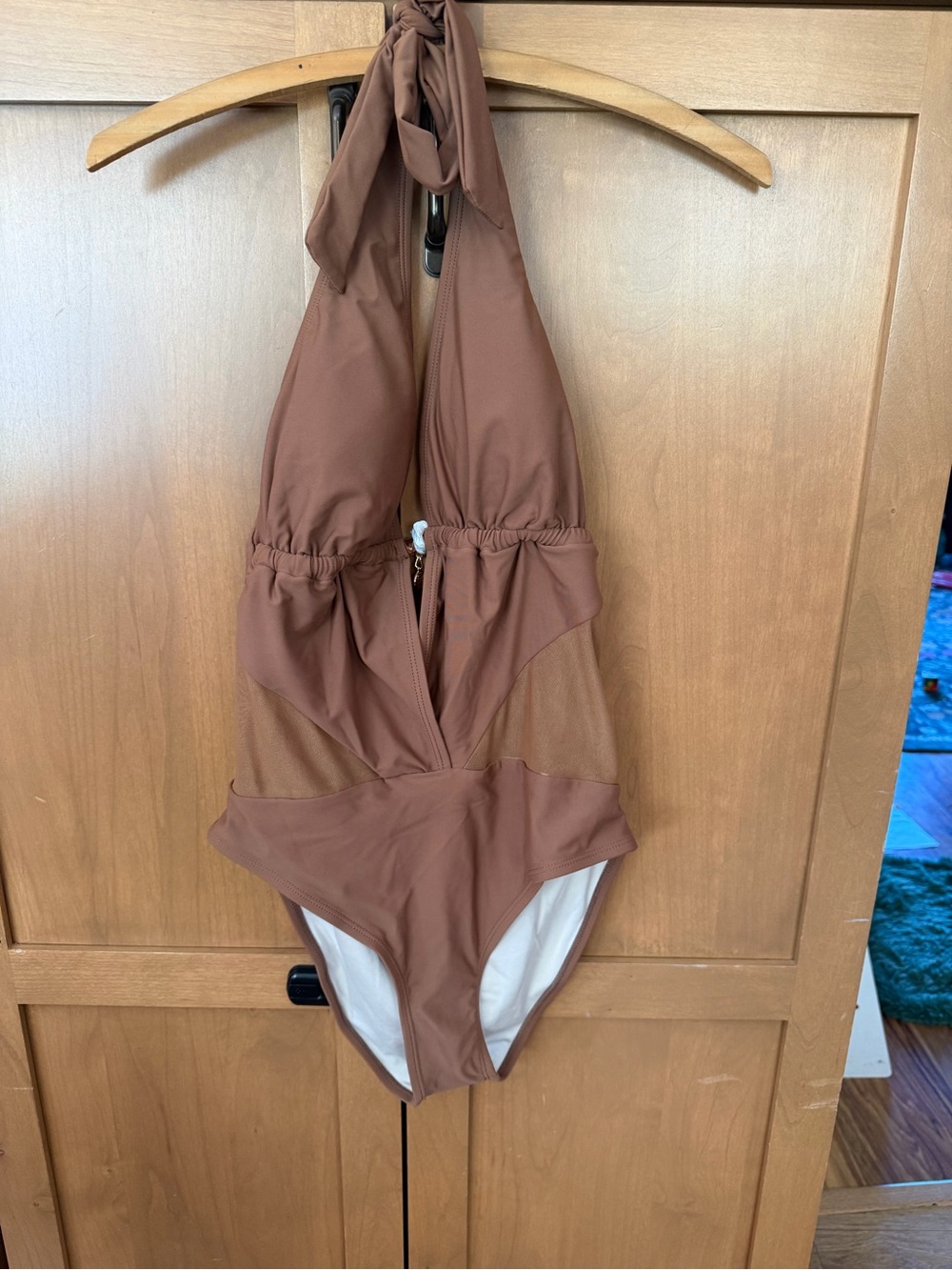 Cupshe Chocolate Brown Halter One-Piece Swimsuit with Mesh Insets